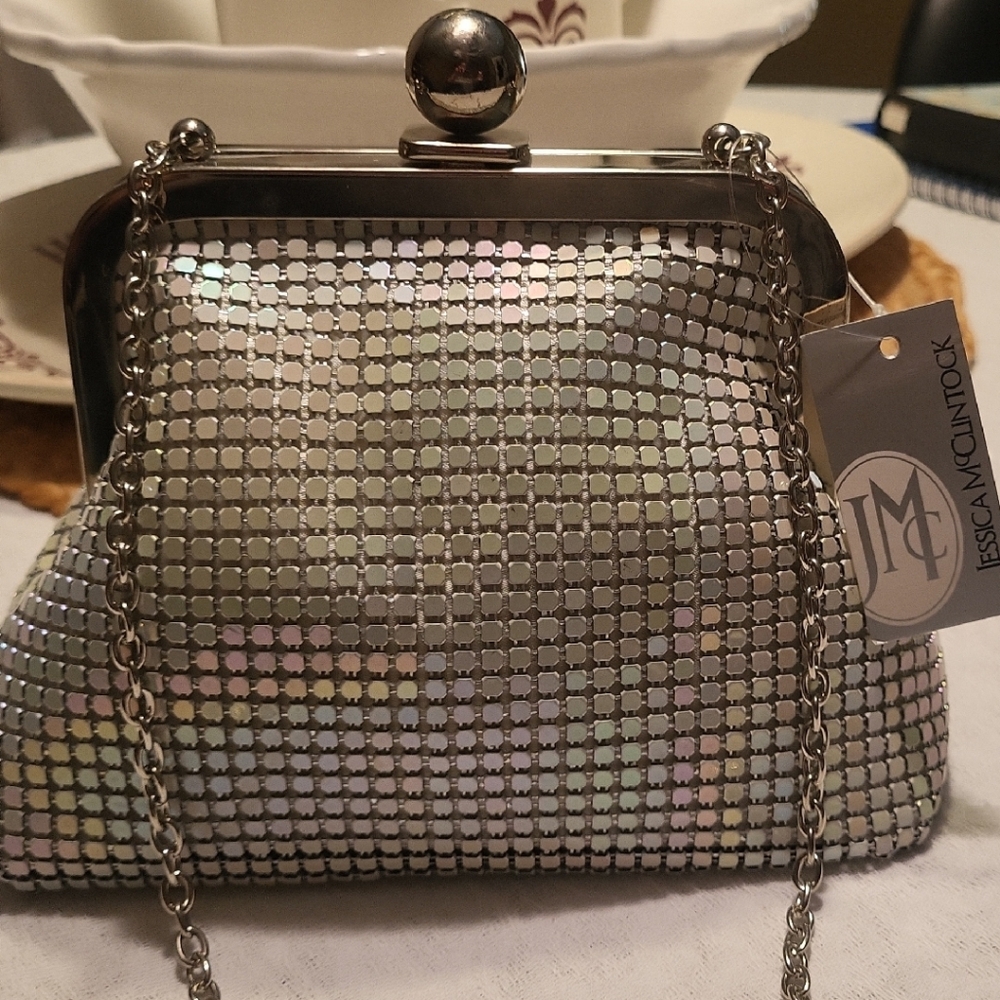 Jessica McClintock Silver Mesh Clutch with Chain Strap